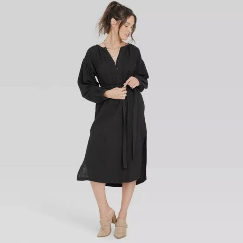 Universal Thread Balloon Sleeve Tie Front Shirt Midi Dress Muslin Black Small